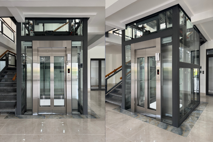 Toàn cảnh thang máy kính lung linh sang trọng dựng xuyên suốt không gian giếng trời biệt thự.